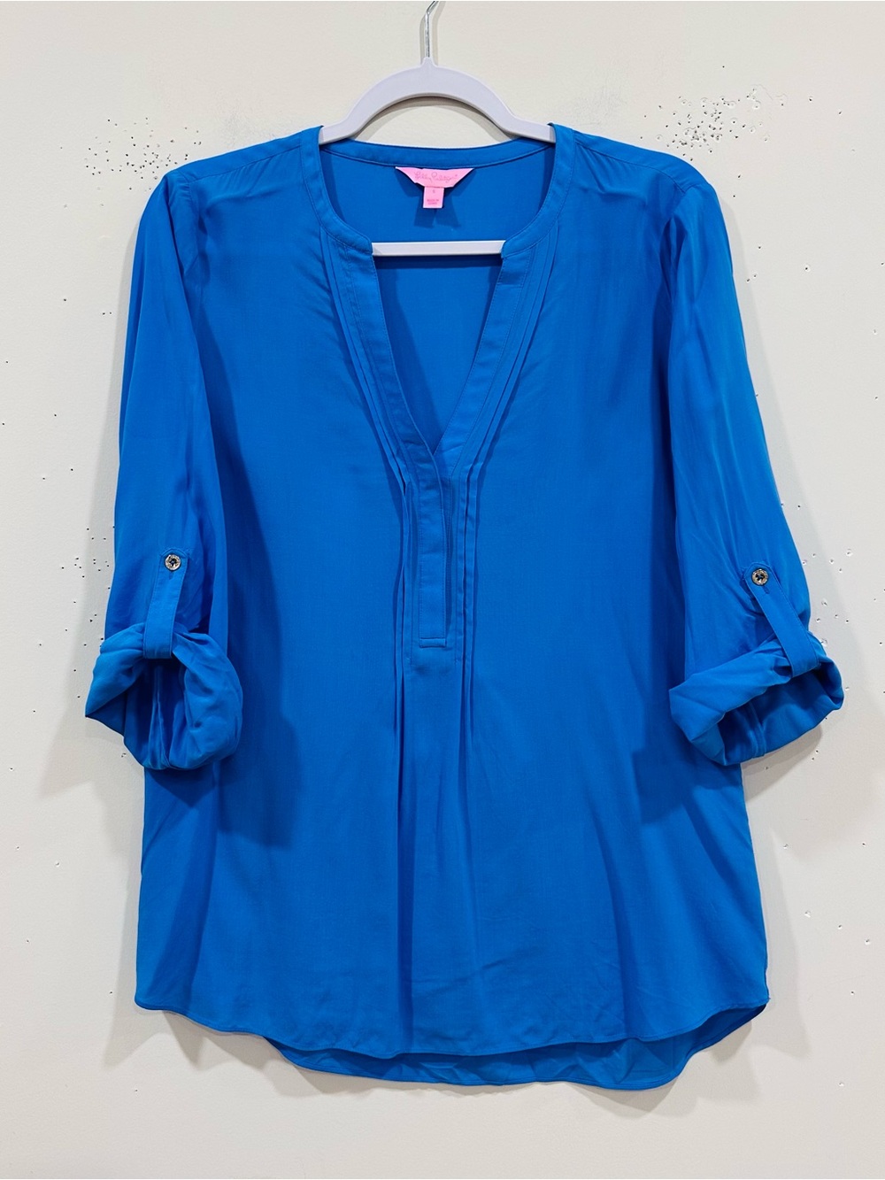 Lilly Pulitzer Dione Chiffon Tunic Top Cobalt Electric Blue Roll Tab Sleeve S